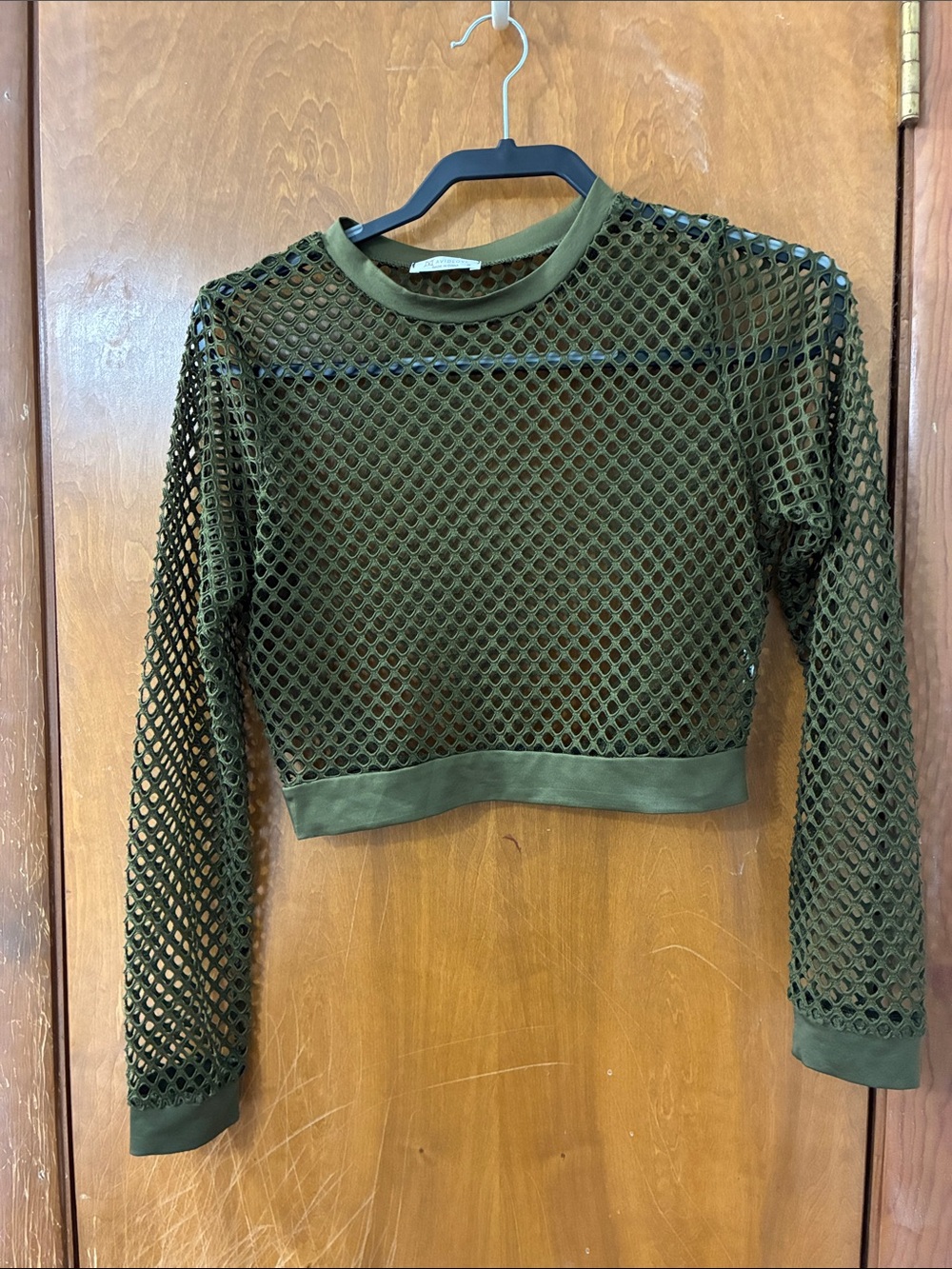 Women's Olive Green Mesh Cropped Long-Sleeve Top